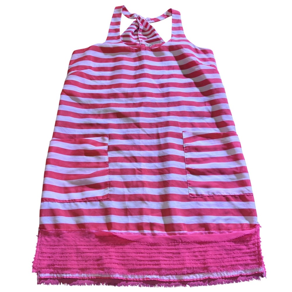 DejaVu‎ Pink White Striped Halter Mini Dress Frayed Hem Size S Beachy Vacay Core